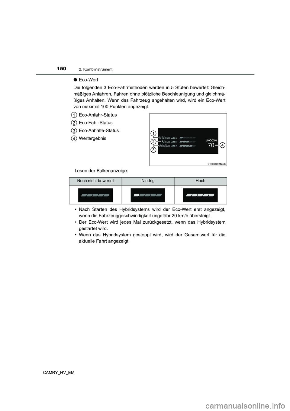 TOYOTA CAMRY 2020 Betriebsanleitungen (in German) 1502. Kombiinstrument
CAMRY_HV_EM
●Eco-Wert
Die folgenden 3 Eco-Fahrmethoden werden in 5 Stufen bewertet: Gleich-
mäßiges Anfahren, Fahren ohne plötzliche Beschleunigung und gleichmä-
ßiges Anh TOYOTA CAMRY 2020 Betriebsanleitungen (in German) 1502. Kombiinstrument
CAMRY_HV_EM
●Eco-Wert
Die folgenden 3 Eco-Fahrmethoden werden in 5 Stufen bewertet: Gleich-
mäßiges Anfahren, Fahren ohne plötzliche Beschleunigung und gleichmä-
ßiges Anh