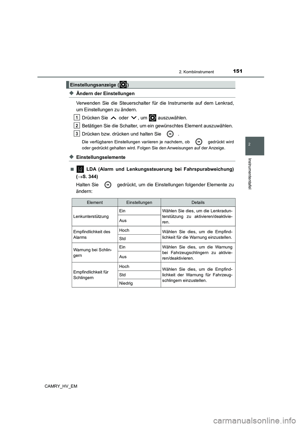 TOYOTA CAMRY 2020 Betriebsanleitungen (in German) 1512. Kombiinstrument
2
Instrumententafel
CAMRY_HV_EM
◆Ändern der Einstellungen
Verwenden Sie die Steuerschalter für die Instrumente auf dem Lenkrad,
um Einstellungen zu ändern.
Drücken Sie od TOYOTA CAMRY 2020 Betriebsanleitungen (in German) 1512. Kombiinstrument
2
Instrumententafel
CAMRY_HV_EM
◆Ändern der Einstellungen
Verwenden Sie die Steuerschalter für die Instrumente auf dem Lenkrad,
um Einstellungen zu ändern.
Drücken Sie od