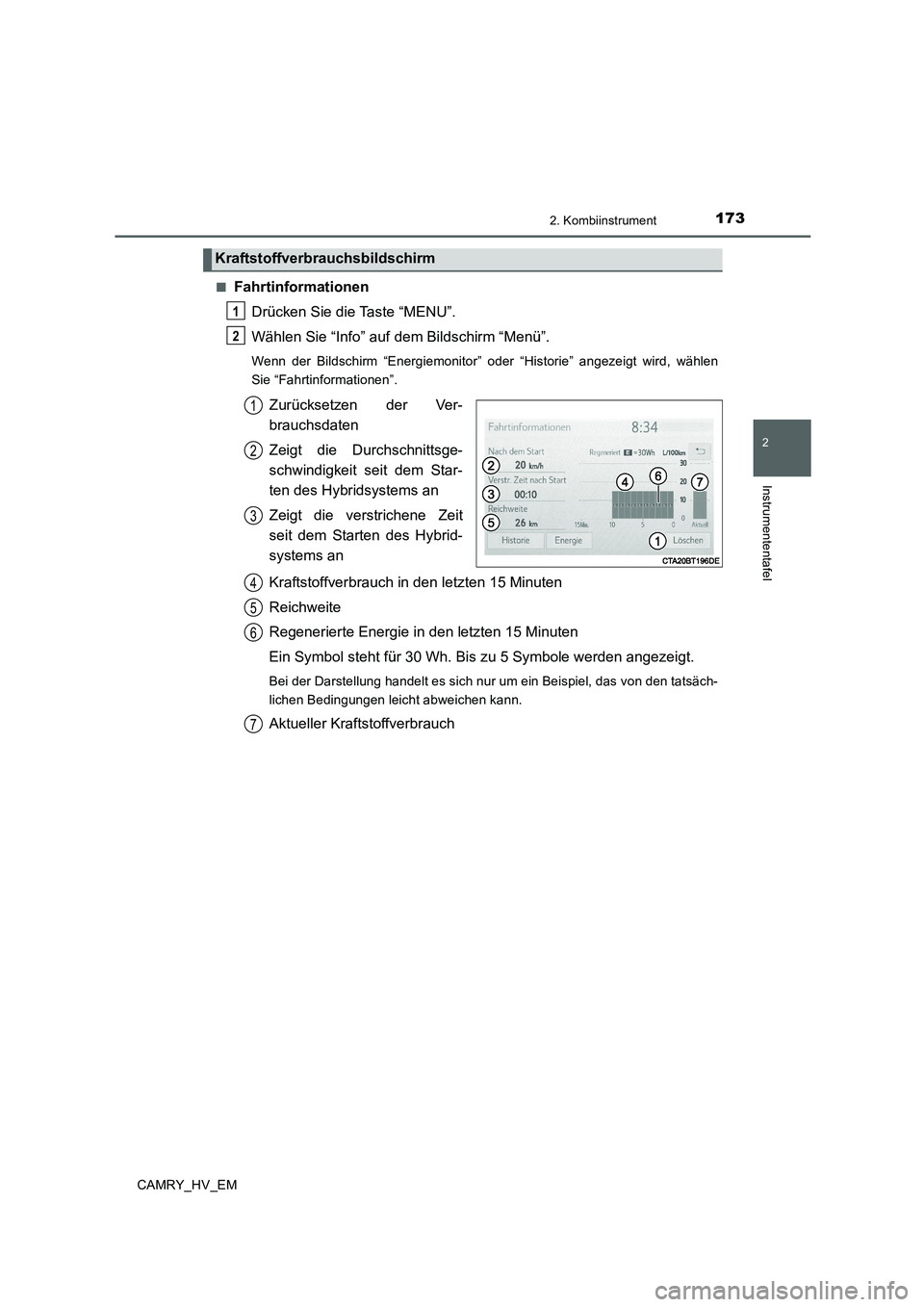 TOYOTA CAMRY 2020 Betriebsanleitungen (in German) 1732. Kombiinstrument
2
Instrumententafel
CAMRY_HV_EM■
Fahrtinformationen
Drücken Sie die Taste “MENU”.
Wählen Sie “Info” auf dem Bildschirm “Menü”.
Wenn der Bildschirm “Energiemoni TOYOTA CAMRY 2020 Betriebsanleitungen (in German) 1732. Kombiinstrument
2
Instrumententafel
CAMRY_HV_EM■
Fahrtinformationen
Drücken Sie die Taste “MENU”.
Wählen Sie “Info” auf dem Bildschirm “Menü”.
Wenn der Bildschirm “Energiemoni