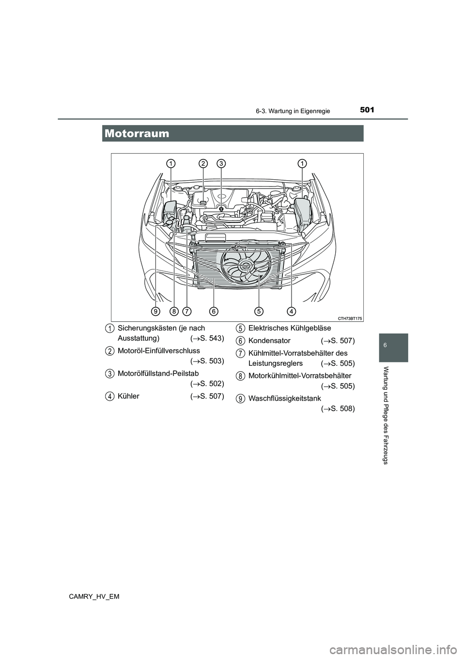 TOYOTA CAMRY 2020 Betriebsanleitungen (in German) 5016-3. Wartung in Eigenregie
6
Wartung und Pflege des Fahrzeugs
CAMRY_HV_EM
Motorraum
Sicherungskästen (je nach
Ausstattung) (→S. 543)
Motoröl-Einfüllverschluss
(→S. 503)
Motorölfüllstand- TOYOTA CAMRY 2020 Betriebsanleitungen (in German) 5016-3. Wartung in Eigenregie
6
Wartung und Pflege des Fahrzeugs
CAMRY_HV_EM
Motorraum
Sicherungskästen (je nach
Ausstattung) (→S. 543)
Motoröl-Einfüllverschluss
(→S. 503)
Motorölfüllstand-
