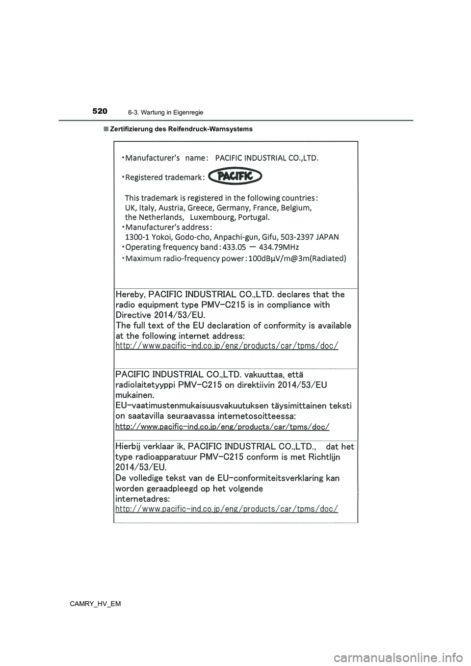 TOYOTA CAMRY 2020 Betriebsanleitungen (in German) 5206-3. Wartung in Eigenregie
CAMRY_HV_EM■Zertifizierung des Reifendruck-Warnsystems TOYOTA CAMRY 2020 Betriebsanleitungen (in German) 5206-3. Wartung in Eigenregie
CAMRY_HV_EM■Zertifizierung des Reifendruck-Warnsystems