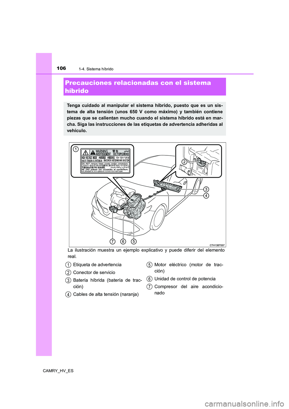 TOYOTA CAMRY 2020 Manual del propietario (in Spanish) 1061-4. Sistema híbrido
CAMRY_HV_ES
La ilustración muestra un ejemplo explicativo y puede diferir del elemento
real.
Precauciones relacionadas con el sistema
híbrido
Tenga cuidado al manipular el TOYOTA CAMRY 2020 Manual del propietario (in Spanish) 1061-4. Sistema híbrido
CAMRY_HV_ES
La ilustración muestra un ejemplo explicativo y puede diferir del elemento
real.
Precauciones relacionadas con el sistema
híbrido
Tenga cuidado al manipular el