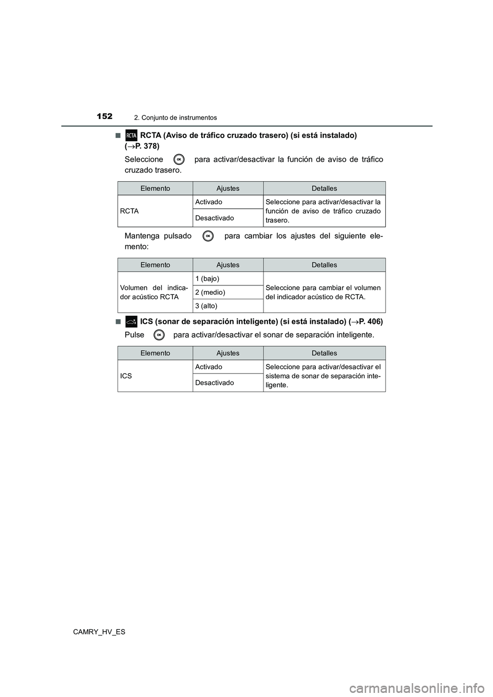 TOYOTA CAMRY 2020  Manual del propietario (in Spanish) 1522. Conjunto de instrumentos
CAMRY_HV_ES■
 RCTA (Aviso de tráfico cruzado trasero) (si está instalado) 
(→P. 378)
Seleccione   para activar/desactivar la función de aviso de tráfico
cruzado 