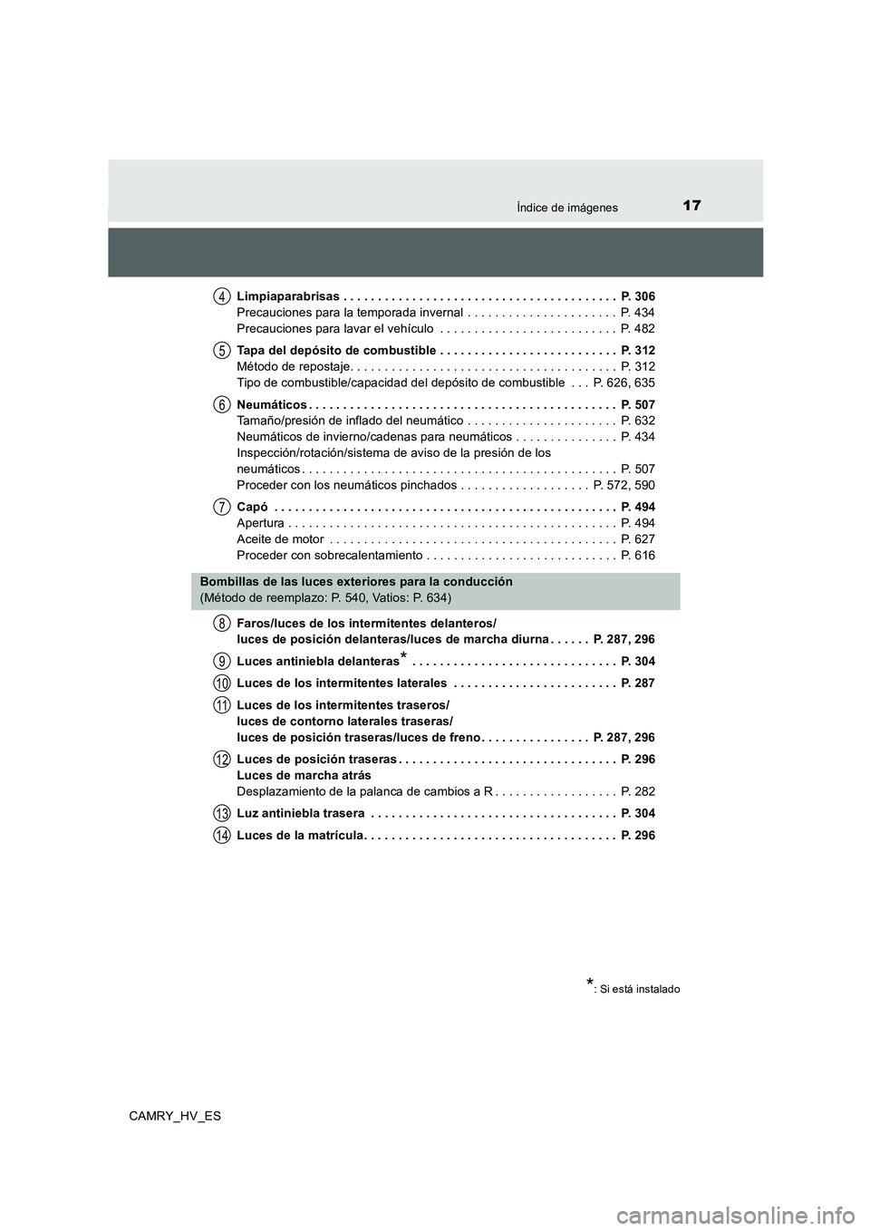 TOYOTA CAMRY 2020 Manual del propietario (in Spanish) 17Índice de imágenes
CAMRY_HV_ESLimpiaparabrisas . . . . . . . . . . . . . . . . . . . . . . . . . . . . . . . . . . . . . . . . P. 306
Precauciones para la temporada invernal . . . . . . . . . . TOYOTA CAMRY 2020 Manual del propietario (in Spanish) 17Índice de imágenes
CAMRY_HV_ESLimpiaparabrisas . . . . . . . . . . . . . . . . . . . . . . . . . . . . . . . . . . . . . . . . P. 306
Precauciones para la temporada invernal . . . . . . . . . .