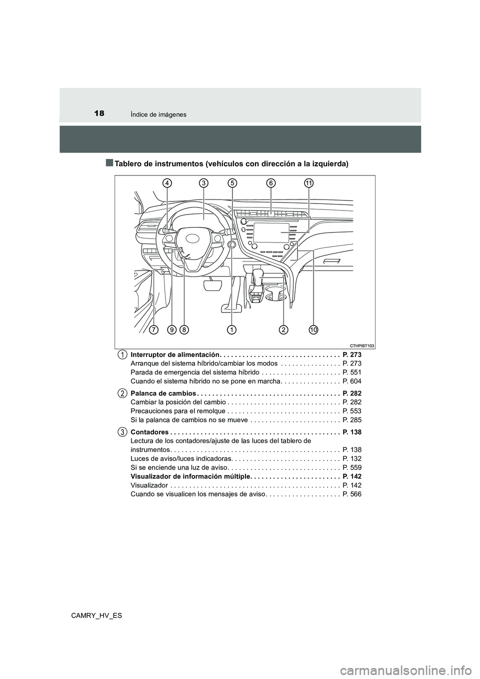 TOYOTA CAMRY 2020 Manual del propietario (in Spanish) 18Índice de imágenes
CAMRY_HV_ES
■Tablero de instrumentos (vehículos con dirección a la izquierda)
Interruptor de alimentación . . . . . . . . . . . . . . . . . . . . . . . . . . . . . . . . P TOYOTA CAMRY 2020 Manual del propietario (in Spanish) 18Índice de imágenes
CAMRY_HV_ES
■Tablero de instrumentos (vehículos con dirección a la izquierda)
Interruptor de alimentación . . . . . . . . . . . . . . . . . . . . . . . . . . . . . . . . P