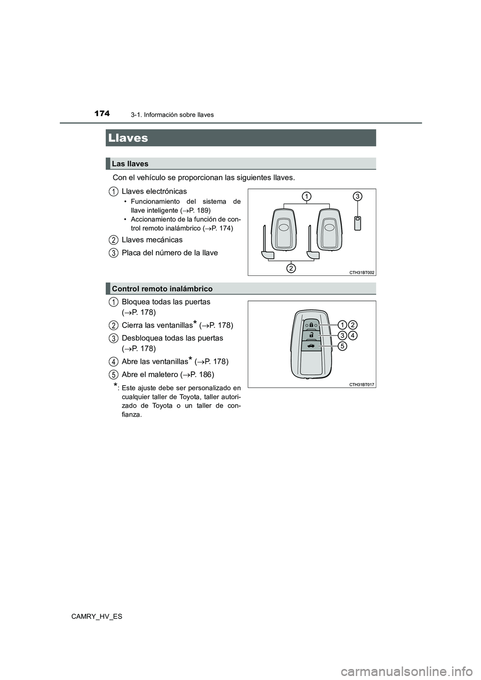 TOYOTA CAMRY 2020  Manual del propietario (in Spanish) 174
CAMRY_HV_ES
3-1. Información sobre llaves
Con el vehículo se proporcionan las siguientes llaves.
Llaves electrónicas
• Funcionamiento del sistema de
llave inteligente (→P. 189)
• Accionam