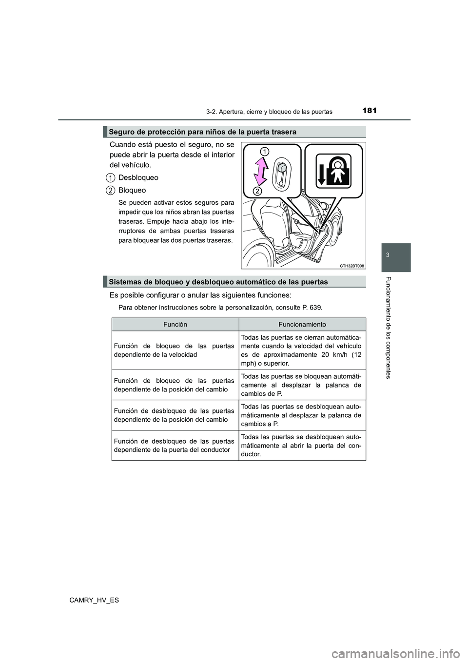 TOYOTA CAMRY 2020  Manual del propietario (in Spanish) 1813-2. Apertura, cierre y bloqueo de las puertas
3
Funcionamiento de los componentes
CAMRY_HV_ES
Cuando está puesto el seguro, no se
puede abrir la puerta desde el interior
del vehículo.
Desbloqueo
