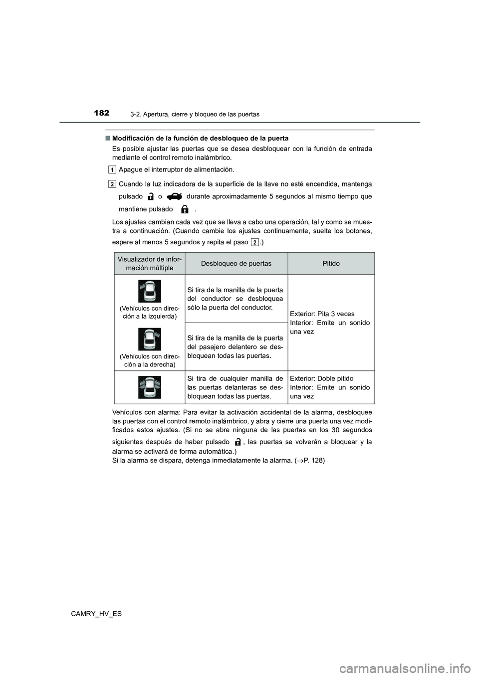 TOYOTA CAMRY 2020  Manual del propietario (in Spanish) 1823-2. Apertura, cierre y bloqueo de las puertas
CAMRY_HV_ES
■Modificación de la función de desbloqueo de la puerta
Es posible ajustar las puertas que se desea desbloquear con la función de entr