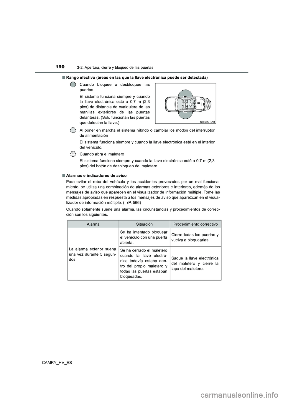 TOYOTA CAMRY 2020  Manual del propietario (in Spanish) 1903-2. Apertura, cierre y bloqueo de las puertas
CAMRY_HV_ES■Rango efectivo (áreas en las que la llave electrónica puede ser detectada)
■Alarmas e indicadores de aviso
Para evitar el robo del v