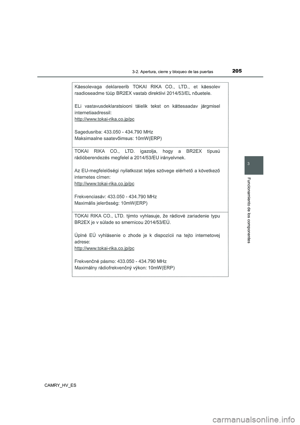 TOYOTA CAMRY 2020  Manual del propietario (in Spanish) 2053-2. Apertura, cierre y bloqueo de las puertas
3
Funcionamiento de los componentes
CAMRY_HV_ES 