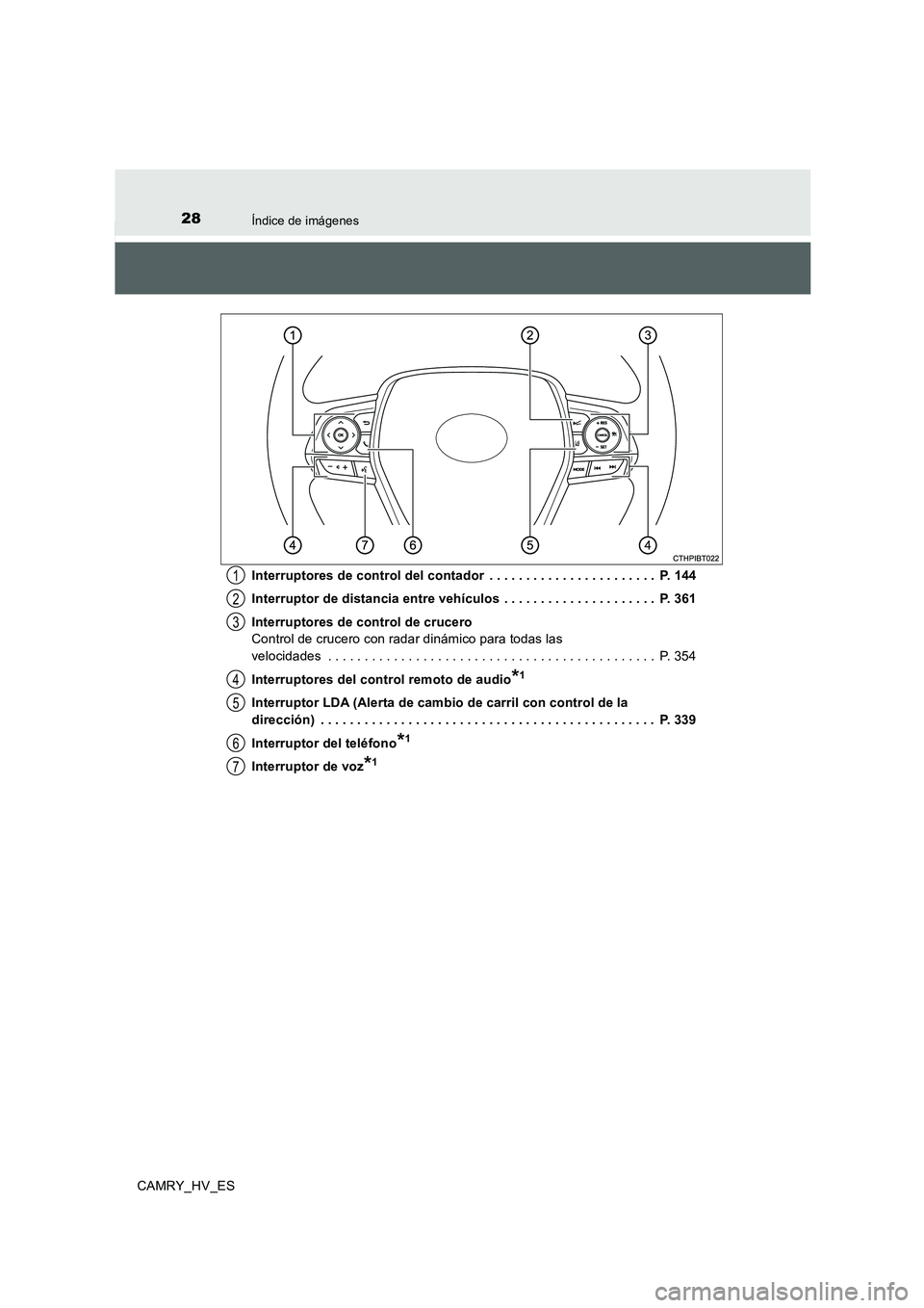 TOYOTA CAMRY 2020 Manual del propietario (in Spanish) 28Índice de imágenes
CAMRY_HV_ESInterruptores de control del contador . . . . . . . . . . . . . . . . . . . . . . . P. 144
Interruptor de distancia entre vehículos . . . . . . . . . . . . . . . TOYOTA CAMRY 2020 Manual del propietario (in Spanish) 28Índice de imágenes
CAMRY_HV_ESInterruptores de control del contador . . . . . . . . . . . . . . . . . . . . . . . P. 144
Interruptor de distancia entre vehículos . . . . . . . . . . . . . . .