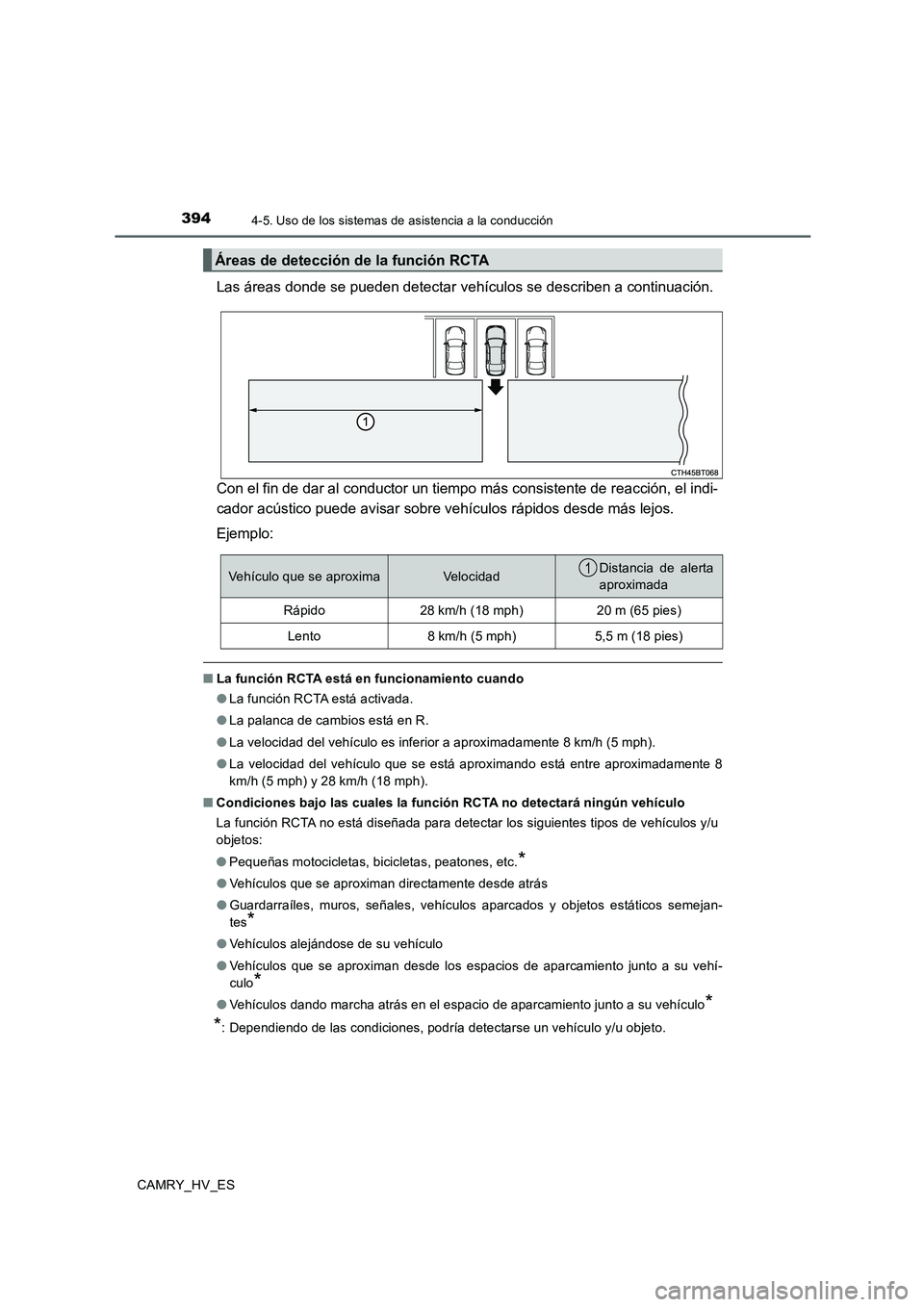 TOYOTA CAMRY 2020 Manual del propietario (in Spanish) 3944-5. Uso de los sistemas de asistencia a la conducción
CAMRY_HV_ES
Las áreas donde se pueden detectar vehículos se describen a continuación.
Con el fin de dar al conductor un tiempo más consis TOYOTA CAMRY 2020 Manual del propietario (in Spanish) 3944-5. Uso de los sistemas de asistencia a la conducción
CAMRY_HV_ES
Las áreas donde se pueden detectar vehículos se describen a continuación.
Con el fin de dar al conductor un tiempo más consis