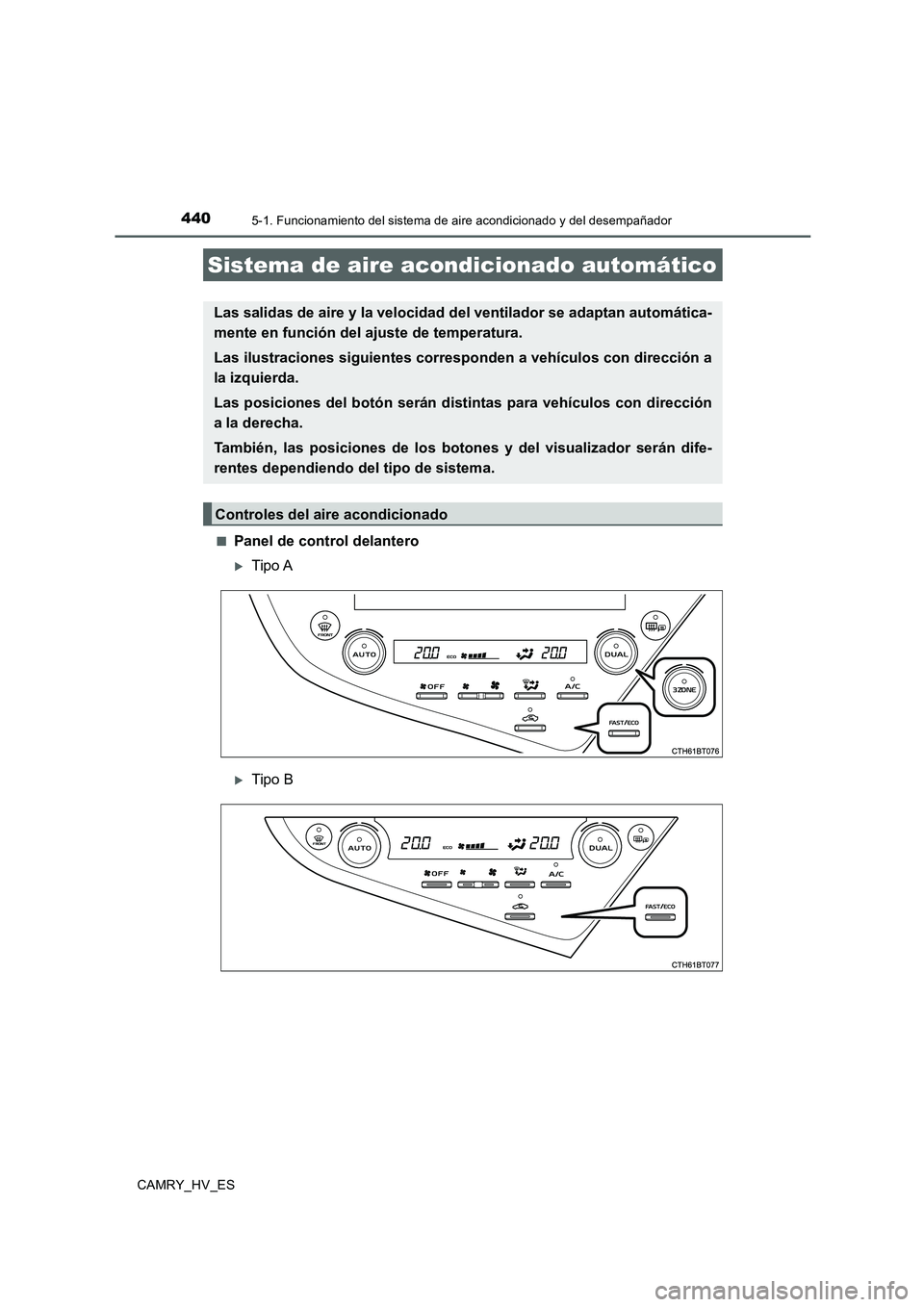 TOYOTA CAMRY 2020  Manual del propietario (in Spanish) 440
CAMRY_HV_ES
5-1. Funcionamiento del sistema de aire acondicionado y del desempañador
■Panel de control delantero
Tipo A
Tipo B
Sistema de aire acondicionado automático
Las salidas de air
