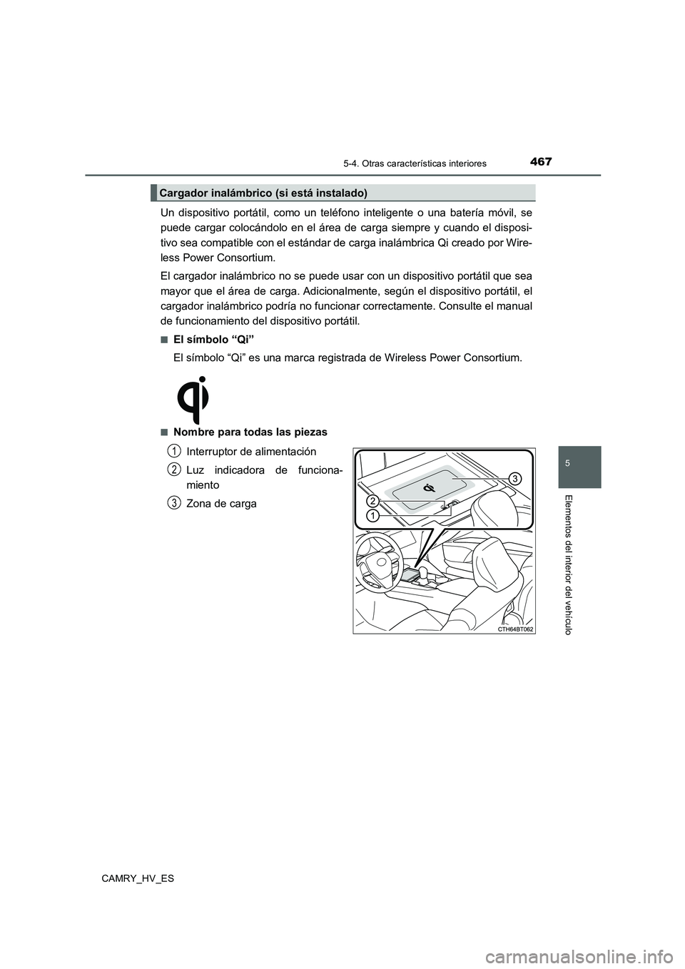 TOYOTA CAMRY 2020  Manual del propietario (in Spanish) 4675-4. Otras características interiores
5
Elementos del interior del vehículo
CAMRY_HV_ES
Un dispositivo portátil, como un teléfono inteligente o una batería móvil, se
puede cargar colocándolo
