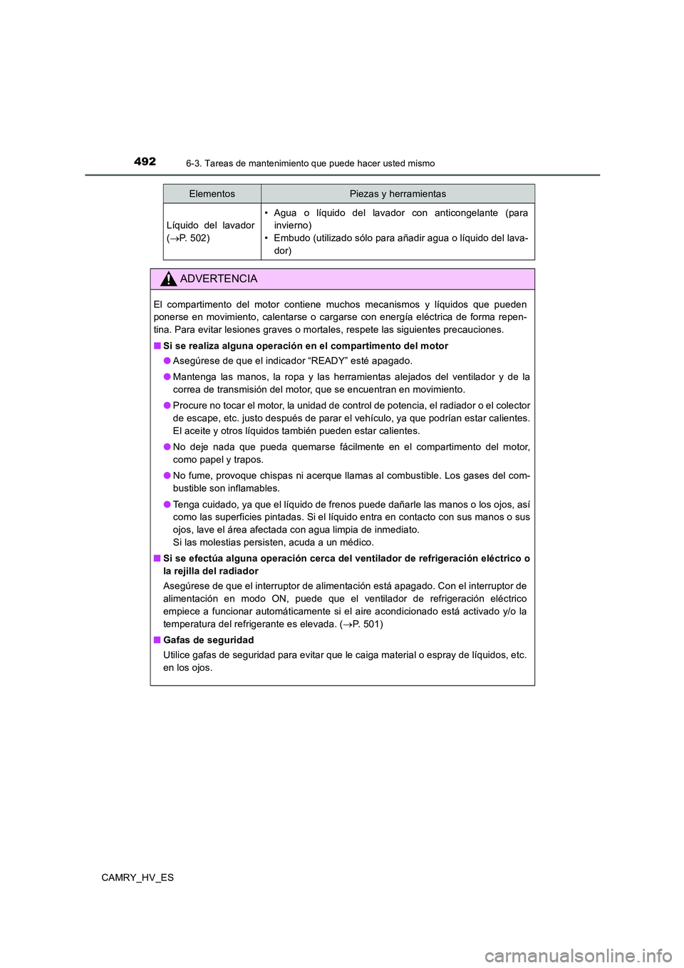 TOYOTA CAMRY 2020 Manual del propietario (in Spanish) 4926-3. Tareas de mantenimiento que puede hacer usted mismo
CAMRY_HV_ES
Líquido del lavador
(→P. 502)
• Agua o líquido del lavador con anticongelante (para
invierno)
• Embudo (utilizado sólo TOYOTA CAMRY 2020 Manual del propietario (in Spanish) 4926-3. Tareas de mantenimiento que puede hacer usted mismo
CAMRY_HV_ES
Líquido del lavador
(→P. 502)
• Agua o líquido del lavador con anticongelante (para
invierno)
• Embudo (utilizado sólo