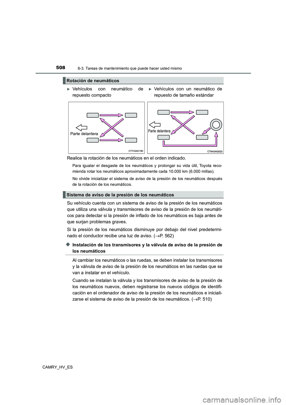TOYOTA CAMRY 2020  Manual del propietario (in Spanish) 5086-3. Tareas de mantenimiento que puede hacer usted mismo
CAMRY_HV_ES
Realice la rotación de los neumáticos en el orden indicado.
Para igualar el desgaste de los neumáticos y prolongar su vida ú