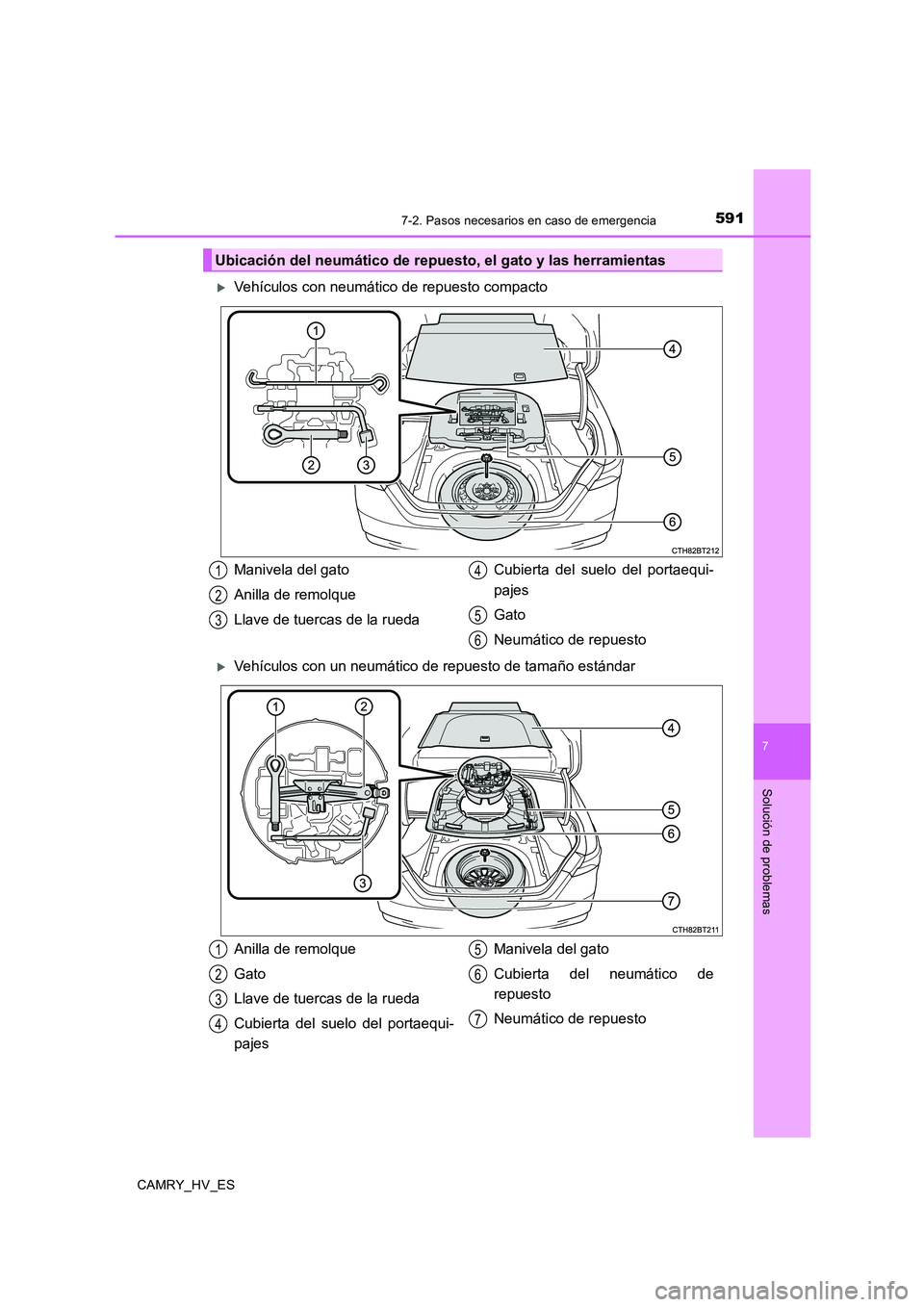 TOYOTA CAMRY 2020 Manual del propietario (in Spanish) 5917-2. Pasos necesarios en caso de emergencia
7
Solución de problemas
CAMRY_HV_ES
Vehículos con neumático de repuesto compacto
Vehículos con un neumático de repuesto de tamaño estándar
U TOYOTA CAMRY 2020 Manual del propietario (in Spanish) 5917-2. Pasos necesarios en caso de emergencia
7
Solución de problemas
CAMRY_HV_ES
Vehículos con neumático de repuesto compacto
Vehículos con un neumático de repuesto de tamaño estándar
U
