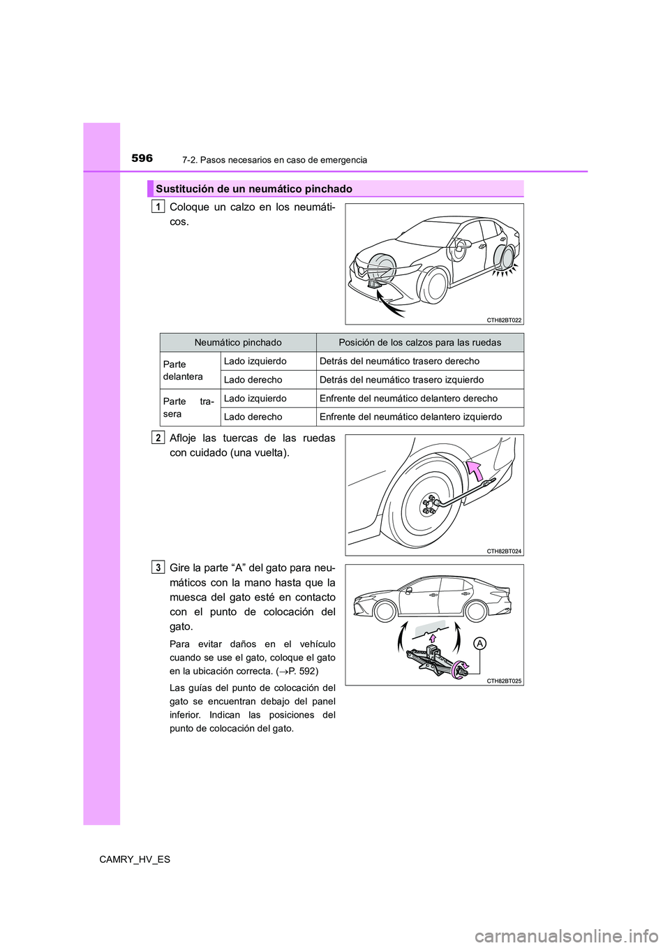 TOYOTA CAMRY 2020 Manual del propietario (in Spanish) 5967-2. Pasos necesarios en caso de emergencia
CAMRY_HV_ES
Coloque un calzo en los neumáti-
cos.
Afloje las tuercas de las ruedas
con cuidado (una vuelta).
Gire la parte “A” del gato para neu-
m TOYOTA CAMRY 2020 Manual del propietario (in Spanish) 5967-2. Pasos necesarios en caso de emergencia
CAMRY_HV_ES
Coloque un calzo en los neumáti-
cos.
Afloje las tuercas de las ruedas
con cuidado (una vuelta).
Gire la parte “A” del gato para neu-
m