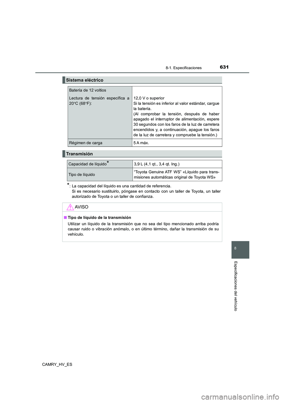 TOYOTA CAMRY 2020  Manual del propietario (in Spanish) 631
8
8-1. Especificaciones
Especificaciones del vehículo
CAMRY_HV_ES
*: La capacidad del líquido es una cantidad de referencia. 
Si es necesario sustituirlo, póngase en contacto con un taller de T