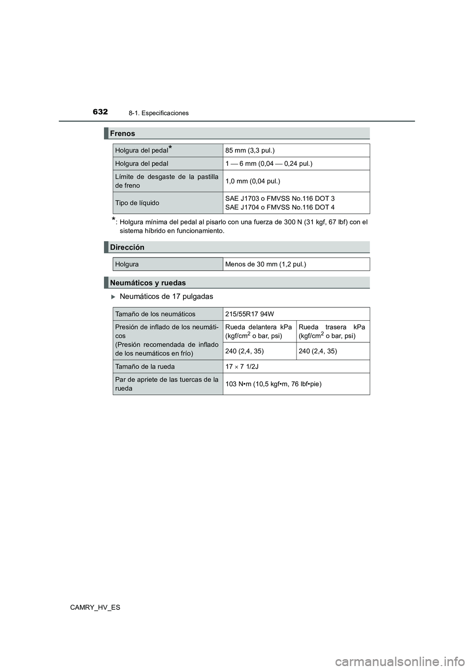 TOYOTA CAMRY 2020  Manual del propietario (in Spanish) 6328-1. Especificaciones
CAMRY_HV_ES
*: Holgura mínima del pedal al pisarlo con una fuerza de 300 N (31 kgf, 67 lbf) con el
sistema híbrido en funcionamiento.
Neumáticos de 17 pulgadas 
Frenos
H