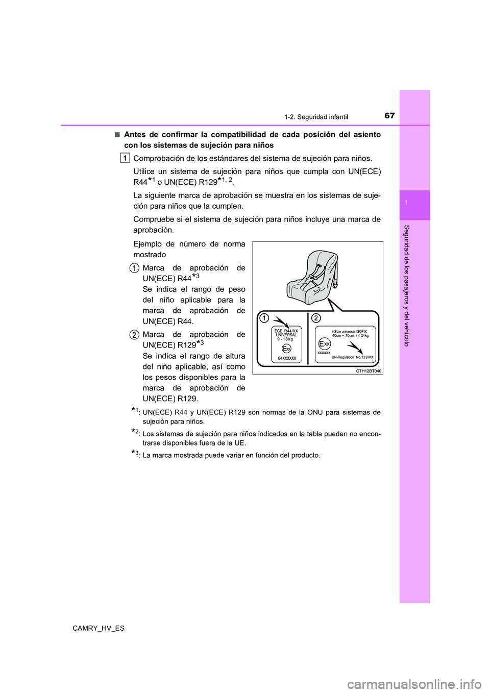 TOYOTA CAMRY 2020 Manual del propietario (in Spanish) 671-2. Seguridad infantil
1
Seguridad de los pasajeros y del vehículo
CAMRY_HV_ES■
Antes de confirmar la compatibilidad de cada posición del asiento
con los sistemas de sujeción para niños
Compr TOYOTA CAMRY 2020 Manual del propietario (in Spanish) 671-2. Seguridad infantil
1
Seguridad de los pasajeros y del vehículo
CAMRY_HV_ES■
Antes de confirmar la compatibilidad de cada posición del asiento
con los sistemas de sujeción para niños
Compr