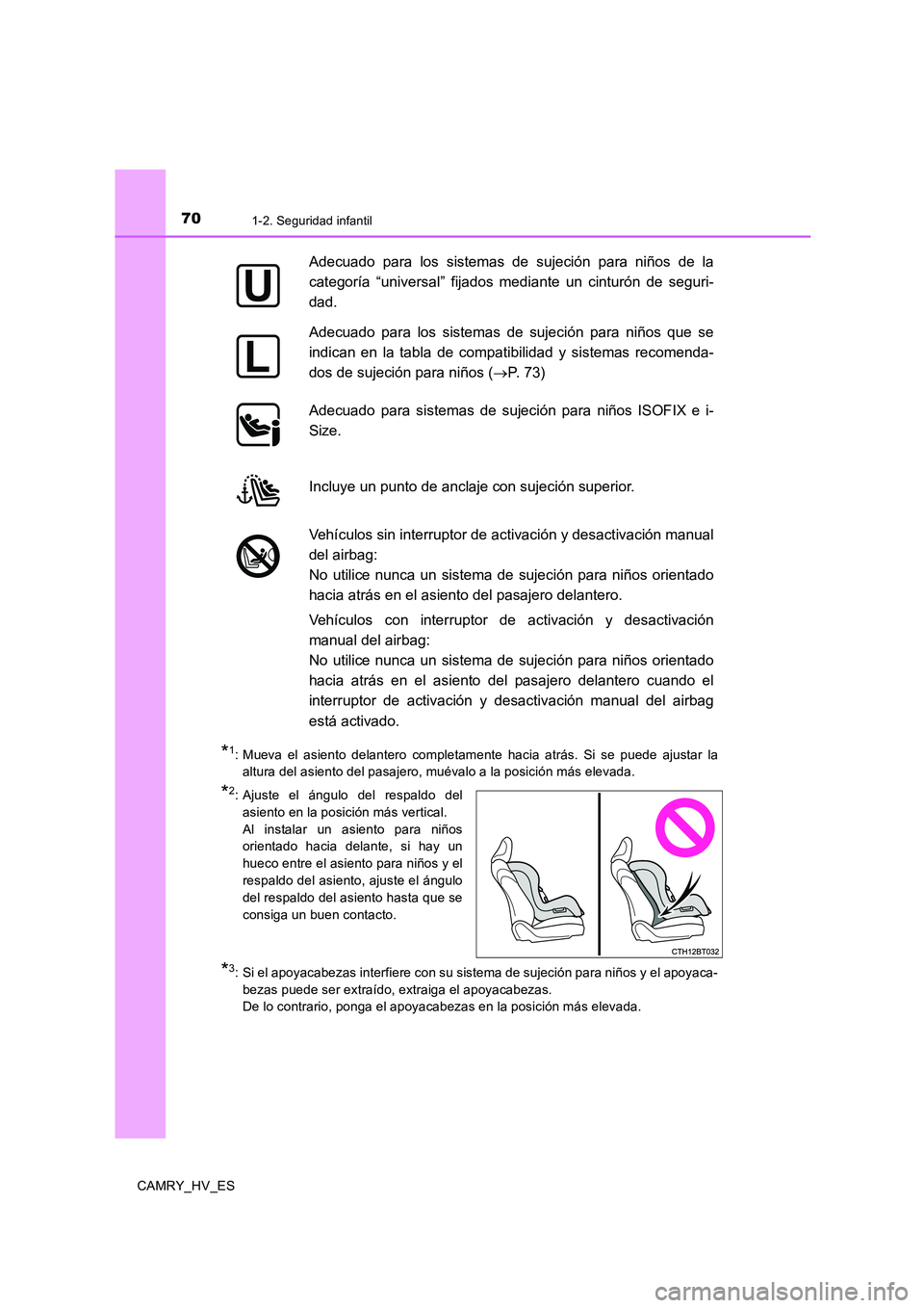 TOYOTA CAMRY 2020 Manual del propietario (in Spanish) 701-2. Seguridad infantil
CAMRY_HV_ES
*1: Mueva el asiento delantero completamente hacia atrás. Si se puede ajustar la
altura del asiento del pasajero, muévalo a la posición más elevada.
*2: Ajust TOYOTA CAMRY 2020 Manual del propietario (in Spanish) 701-2. Seguridad infantil
CAMRY_HV_ES
*1: Mueva el asiento delantero completamente hacia atrás. Si se puede ajustar la
altura del asiento del pasajero, muévalo a la posición más elevada.
*2: Ajust