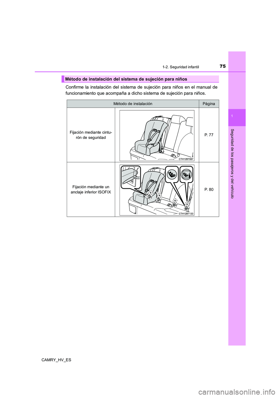 TOYOTA CAMRY 2020 Manual del propietario (in Spanish) 751-2. Seguridad infantil
1
Seguridad de los pasajeros y del vehículo
CAMRY_HV_ES
Confirme la instalación del sistema de sujeción para niños en el manual de
funcionamiento que acompaña a dicho si TOYOTA CAMRY 2020 Manual del propietario (in Spanish) 751-2. Seguridad infantil
1
Seguridad de los pasajeros y del vehículo
CAMRY_HV_ES
Confirme la instalación del sistema de sujeción para niños en el manual de
funcionamiento que acompaña a dicho si