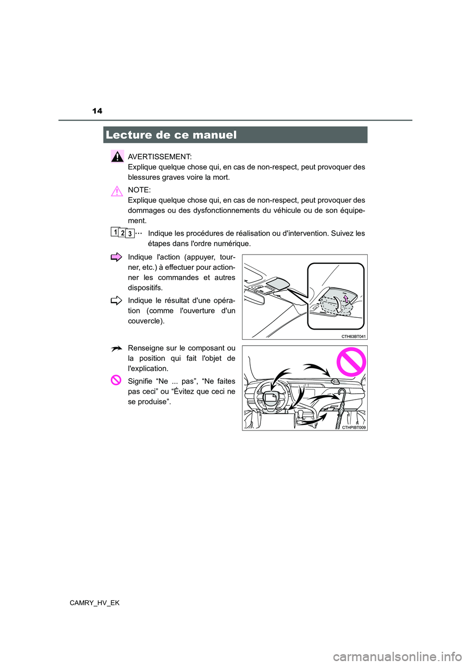 TOYOTA CAMRY 2020 Manuel du propriétaire (in French) 14
CAMRY_HV_EK
AVERTISSEMENT:
Explique quelque chose qui, en cas de non-respect, peut provoquer des
blessures graves voire la mort.
NOTE:
Explique quelque chose qui, en cas de non-respect, peut prov TOYOTA CAMRY 2020 Manuel du propriétaire (in French) 14
CAMRY_HV_EK
AVERTISSEMENT:
Explique quelque chose qui, en cas de non-respect, peut provoquer des
blessures graves voire la mort.
NOTE:
Explique quelque chose qui, en cas de non-respect, peut prov