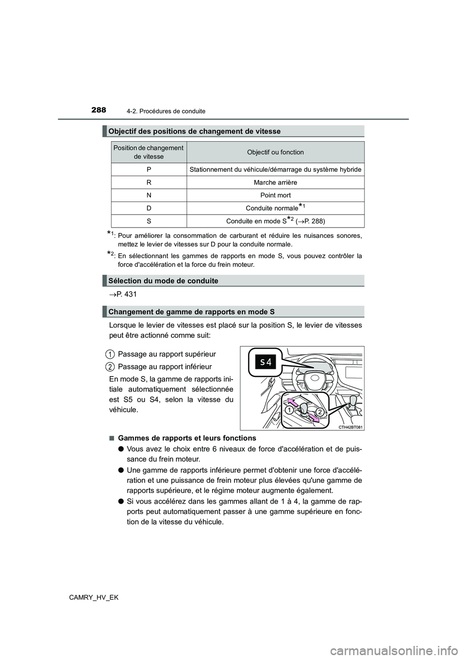 TOYOTA CAMRY 2020  Manuel du propriétaire (in French) 2884-2. Procédures de conduite
CAMRY_HV_EK
*1: Pour améliorer la consommation de carburant et réduire les nuisances sonores,
mettez le levier de vitesses sur D pour la conduite normale.
*2: En sél