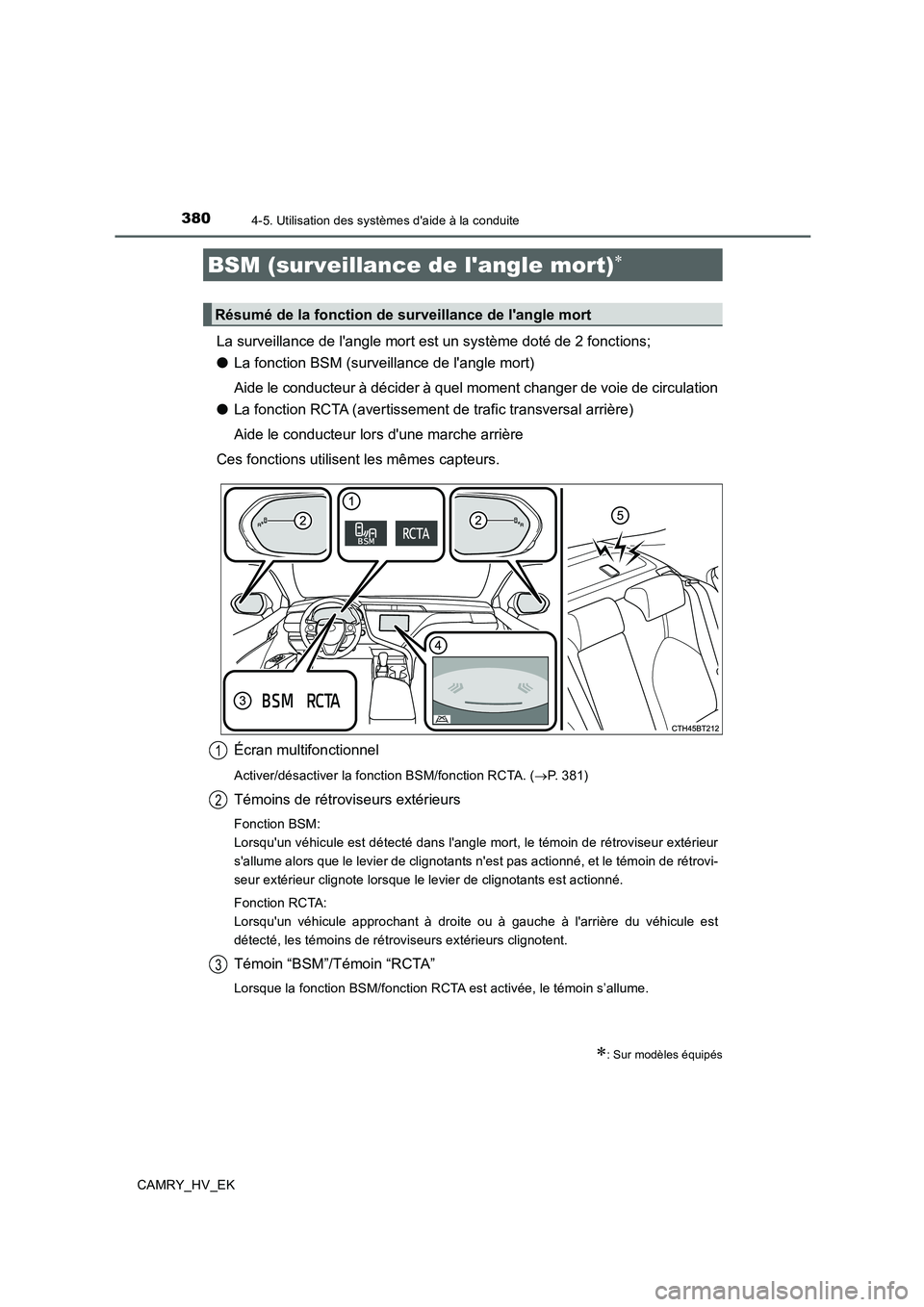 TOYOTA CAMRY 2020  Manuel du propriétaire (in French) 3804-5. Utilisation des systèmes daide à la conduite
CAMRY_HV_EK
La surveillance de langle mort est un système doté de 2 fonctions;
●La fonction BSM (surveillance de langle mort)
Aide le cond