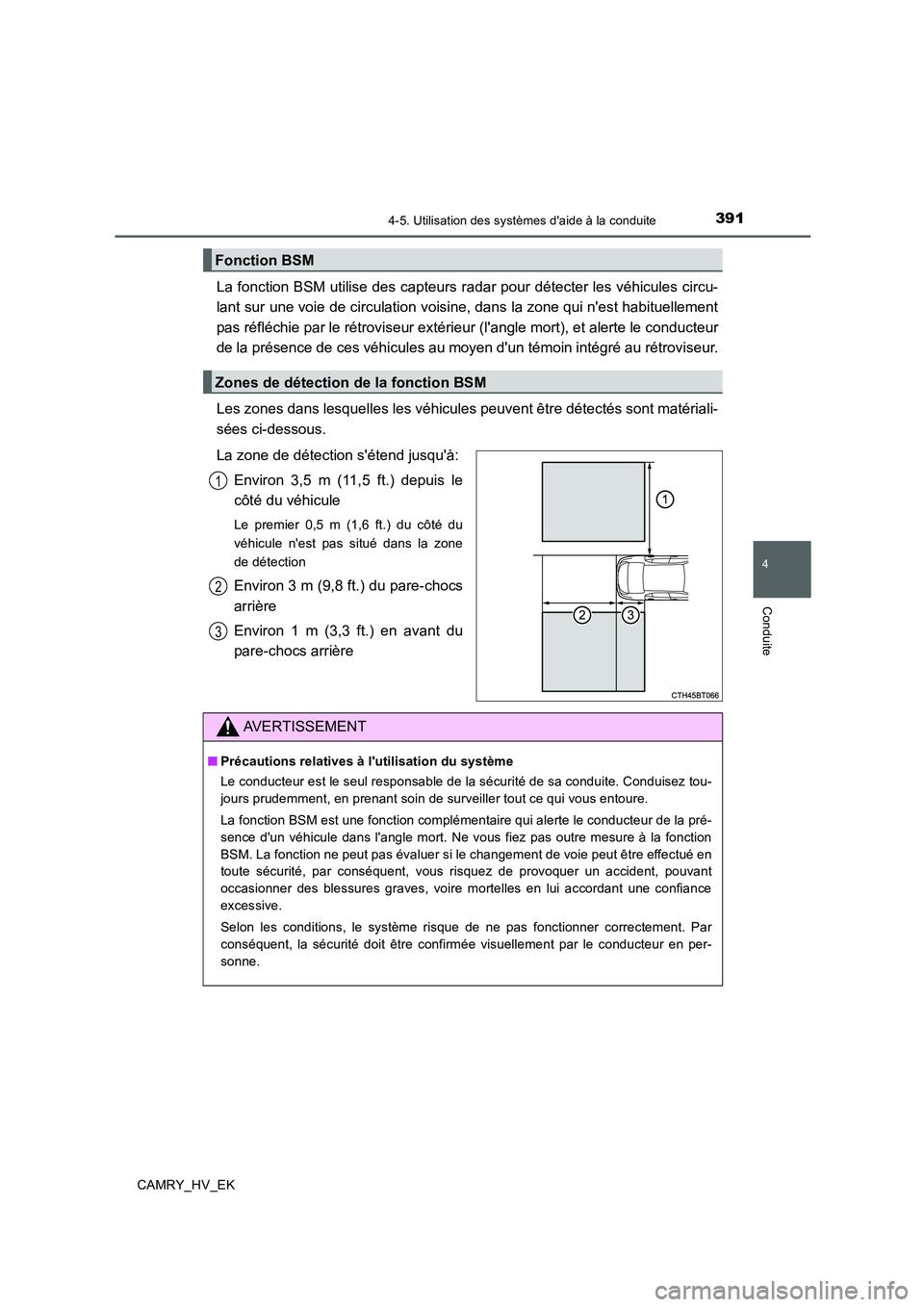 TOYOTA CAMRY 2020 Manuel du propriétaire (in French) 3914-5. Utilisation des systèmes daide à la conduite
4
Conduite
CAMRY_HV_EK
La fonction BSM utilise des capteurs radar pour détecter les véhicules circu-
lant sur une voie de circulation voisine, TOYOTA CAMRY 2020 Manuel du propriétaire (in French) 3914-5. Utilisation des systèmes daide à la conduite
4
Conduite
CAMRY_HV_EK
La fonction BSM utilise des capteurs radar pour détecter les véhicules circu-
lant sur une voie de circulation voisine,
