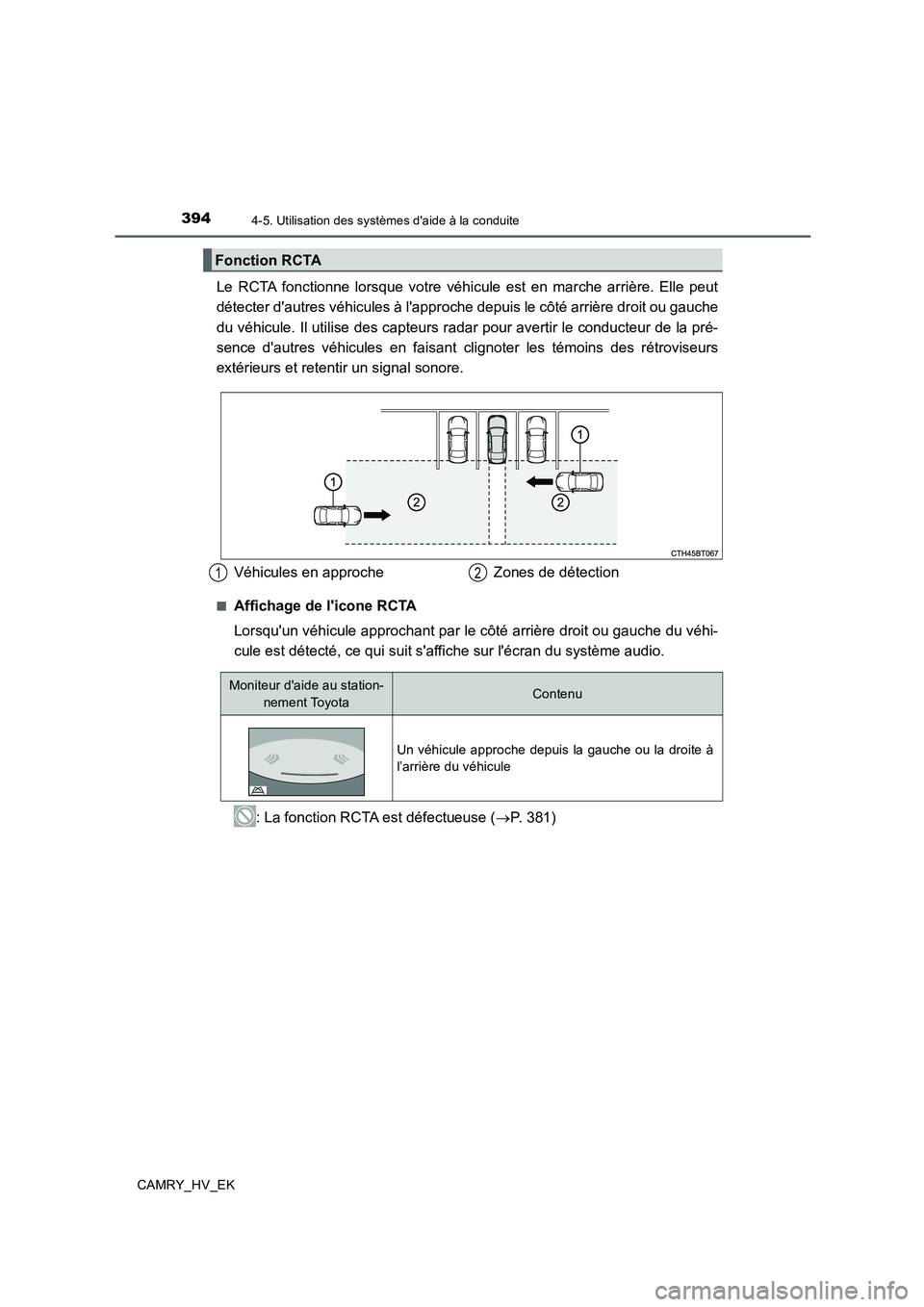 TOYOTA CAMRY 2020 Manuel du propriétaire (in French) 3944-5. Utilisation des systèmes daide à la conduite
CAMRY_HV_EK
Le RCTA fonctionne lorsque votre véhicule est en marche arrière. Elle peut
détecter dautres véhicules à lapproche depuis le c TOYOTA CAMRY 2020 Manuel du propriétaire (in French) 3944-5. Utilisation des systèmes daide à la conduite
CAMRY_HV_EK
Le RCTA fonctionne lorsque votre véhicule est en marche arrière. Elle peut
détecter dautres véhicules à lapproche depuis le c