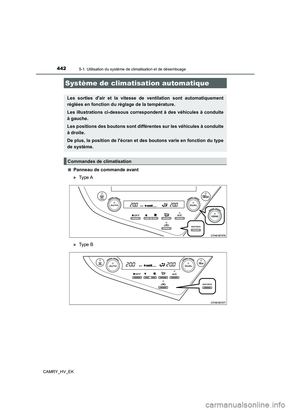 TOYOTA CAMRY 2020 Manuel du propriétaire (in French) 442
CAMRY_HV_EK
5-1. Utilisation du système de climatisation et de désembuage
■Panneau de commande avant
Type A
Type B
Système de climatisation automatique
Les sorties dair et la vitesse d TOYOTA CAMRY 2020 Manuel du propriétaire (in French) 442
CAMRY_HV_EK
5-1. Utilisation du système de climatisation et de désembuage
■Panneau de commande avant
Type A
Type B
Système de climatisation automatique
Les sorties dair et la vitesse d