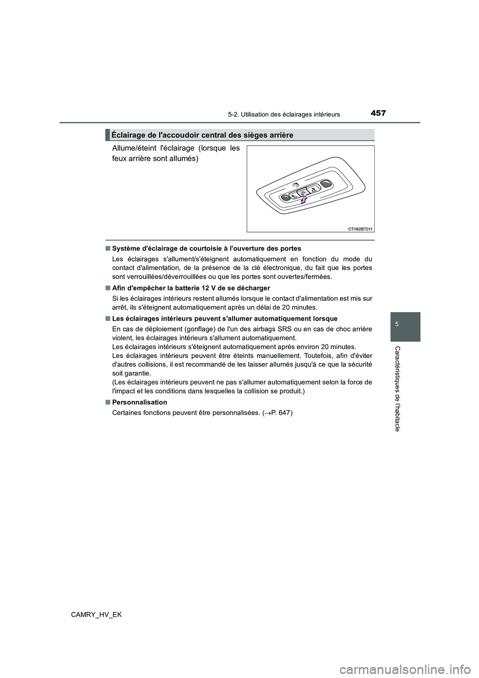 TOYOTA CAMRY 2020 Manuel du propriétaire (in French) 4575-2. Utilisation des éclairages intérieurs
5
Caractéristiques de l’habitacle
CAMRY_HV_EK
Allume/éteint léclairage (lorsque les
feux arrière sont allumés)
■Système déclairage de court TOYOTA CAMRY 2020 Manuel du propriétaire (in French) 4575-2. Utilisation des éclairages intérieurs
5
Caractéristiques de l’habitacle
CAMRY_HV_EK
Allume/éteint léclairage (lorsque les
feux arrière sont allumés)
■Système déclairage de court