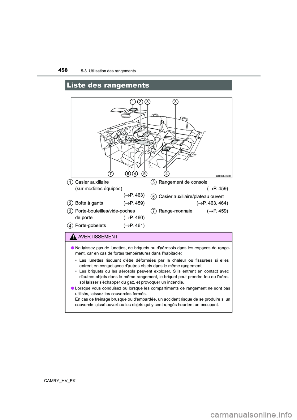 TOYOTA CAMRY 2020 Manuel du propriétaire (in French) 458
CAMRY_HV_EK
5-3. Utilisation des rangements
Liste des rangements
Casier auxiliaire
(sur modèles équipés)
(→P. 463)
Boîte à gants (→P. 459)
Porte-bouteilles/vide-poches
de porte (→P. 4 TOYOTA CAMRY 2020 Manuel du propriétaire (in French) 458
CAMRY_HV_EK
5-3. Utilisation des rangements
Liste des rangements
Casier auxiliaire
(sur modèles équipés)
(→P. 463)
Boîte à gants (→P. 459)
Porte-bouteilles/vide-poches
de porte (→P. 4