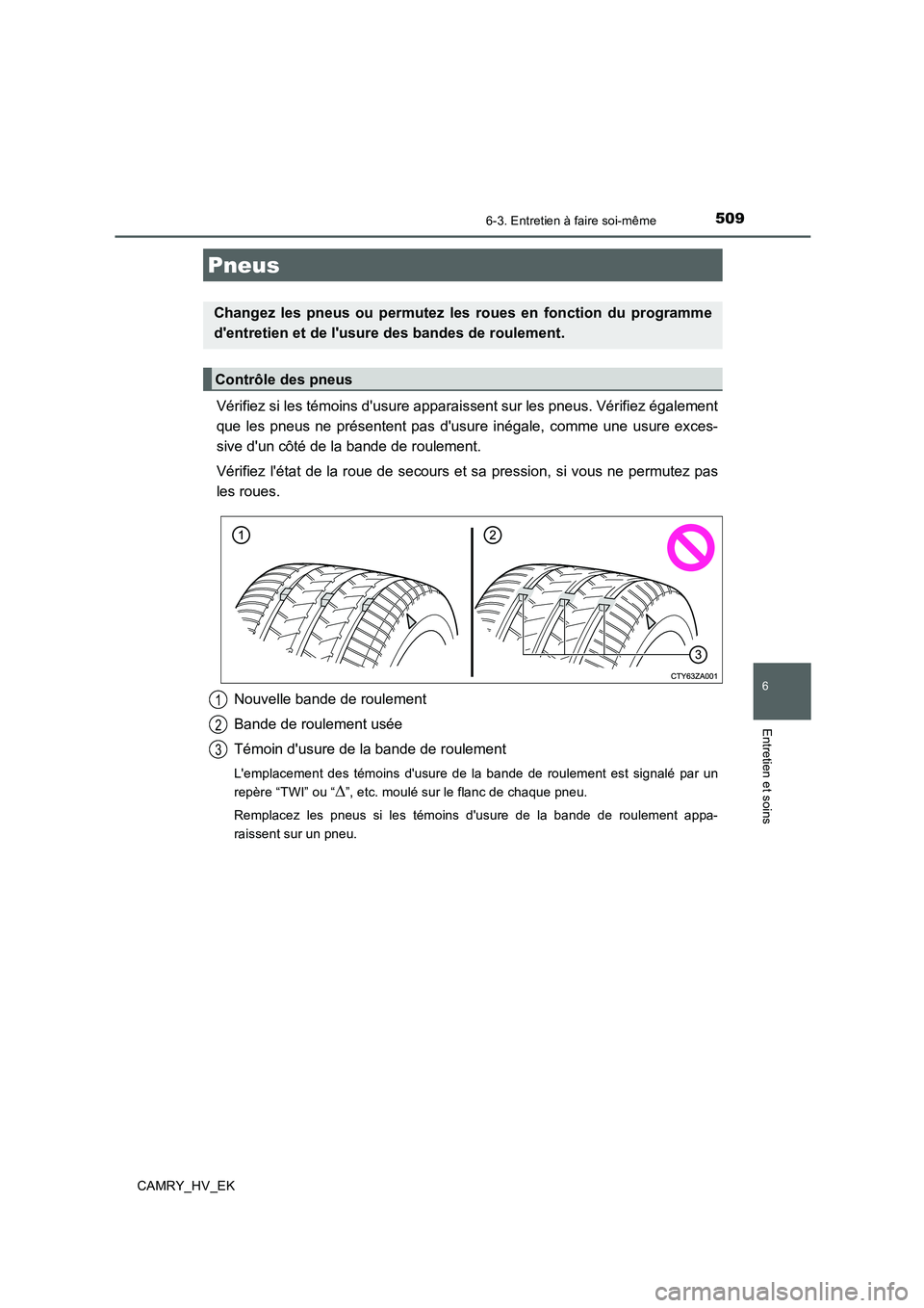 TOYOTA CAMRY 2020  Manuel du propriétaire (in French) 5096-3. Entretien à faire soi-même
6
Entretien et soins
CAMRY_HV_EK
Vérifiez si les témoins dusure apparaissent sur les pneus. Vérifiez également
que les pneus ne présentent pas dusure inéga