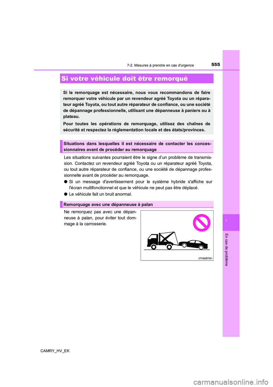 TOYOTA CAMRY 2020  Manuel du propriétaire (in French) 555
CAMRY_HV_EK
7
En cas de problème
7-2. Mesures à prendre en cas durgence
Les situations suivantes pourraient être le signe d’un problème de transmis-
sion. Contactez un revendeur agréé Toy