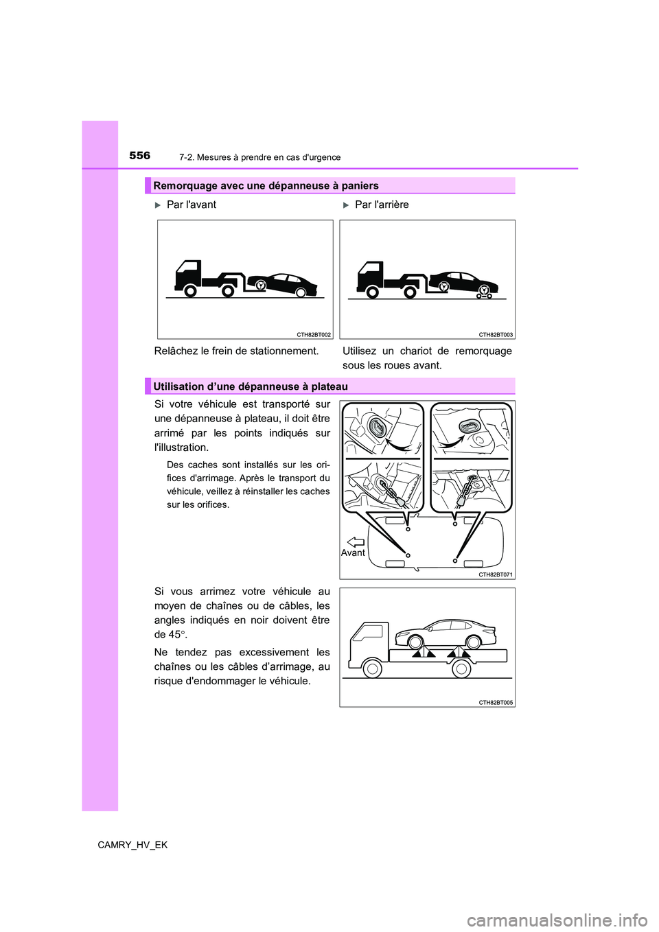 TOYOTA CAMRY 2020  Manuel du propriétaire (in French) 5567-2. Mesures à prendre en cas durgence
CAMRY_HV_EK
Si votre véhicule est transporté sur
une dépanneuse à plateau, il doit être
arrimé par les points indiqués sur
lillustration.
Des caches