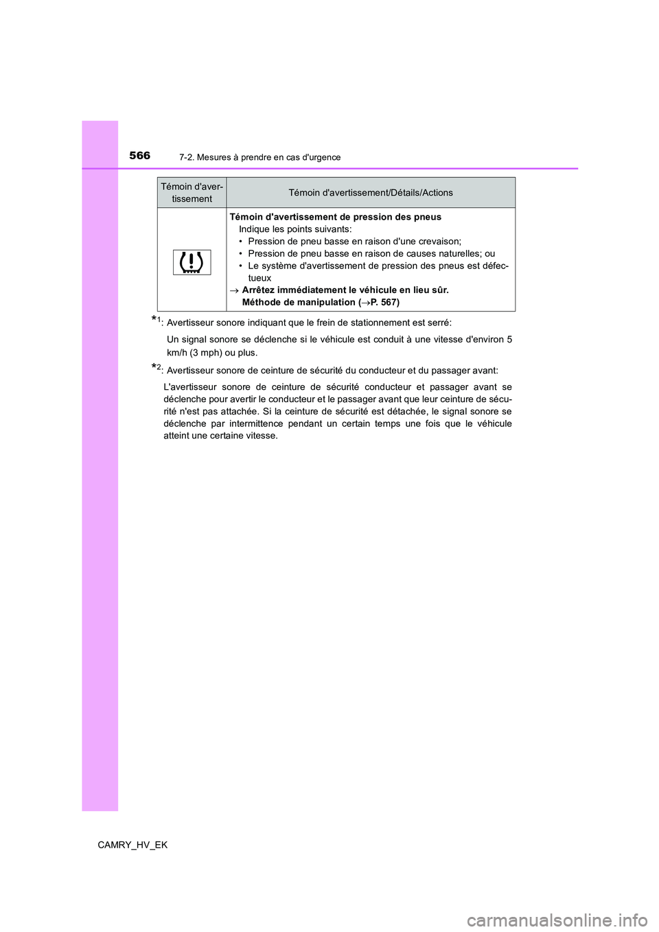 TOYOTA CAMRY 2020  Manuel du propriétaire (in French) 5667-2. Mesures à prendre en cas durgence
CAMRY_HV_EK
*1: Avertisseur sonore indiquant que le frein de stationnement est serré: 
Un signal sonore se déclenche si le véhicule est conduit à une vi