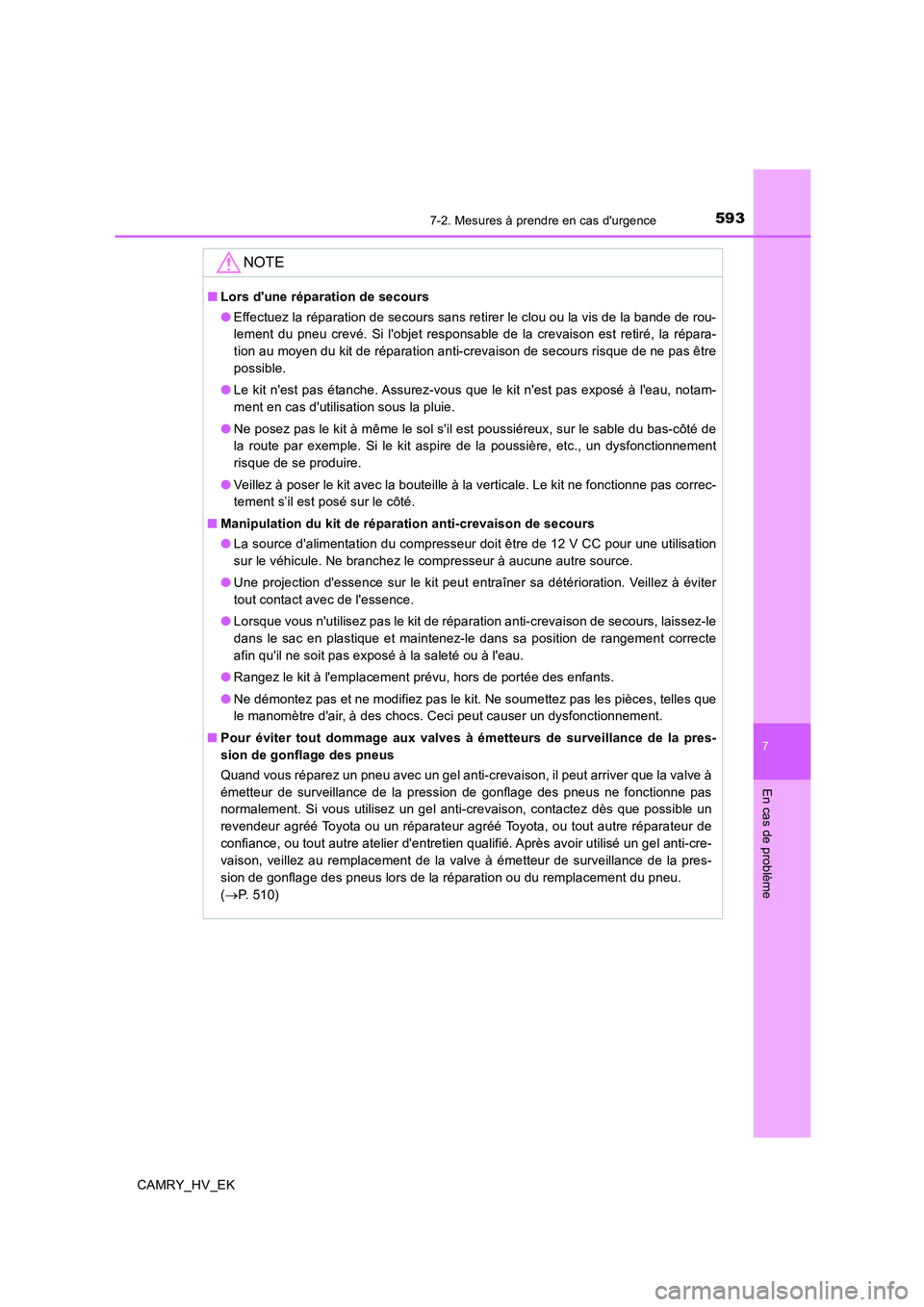 TOYOTA CAMRY 2020  Manuel du propriétaire (in French) 5937-2. Mesures à prendre en cas durgence
7
En cas de problème
CAMRY_HV_EK
NOTE
■Lors dune réparation de secours
●Effectuez la réparation de secours sans retirer le clou ou la vis de la band