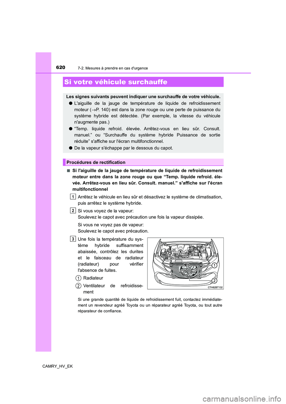 TOYOTA CAMRY 2020 Manuel du propriétaire (in French) 6207-2. Mesures à prendre en cas durgence
CAMRY_HV_EK■
Si laiguille de la jauge de température de liquide de refroidissement
moteur entre dans la zone rouge ou que “Temp. liquide refroid. éle TOYOTA CAMRY 2020 Manuel du propriétaire (in French) 6207-2. Mesures à prendre en cas durgence
CAMRY_HV_EK■
Si laiguille de la jauge de température de liquide de refroidissement
moteur entre dans la zone rouge ou que “Temp. liquide refroid. éle