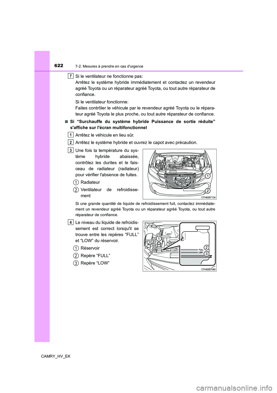 TOYOTA CAMRY 2020 Manuel du propriétaire (in French) 6227-2. Mesures à prendre en cas durgence
CAMRY_HV_EK
Si le ventilateur ne fonctionne pas:
Arrêtez le système hybride immédiatement et contactez un revendeur
agréé Toyota ou un réparateur agr TOYOTA CAMRY 2020 Manuel du propriétaire (in French) 6227-2. Mesures à prendre en cas durgence
CAMRY_HV_EK
Si le ventilateur ne fonctionne pas:
Arrêtez le système hybride immédiatement et contactez un revendeur
agréé Toyota ou un réparateur agr