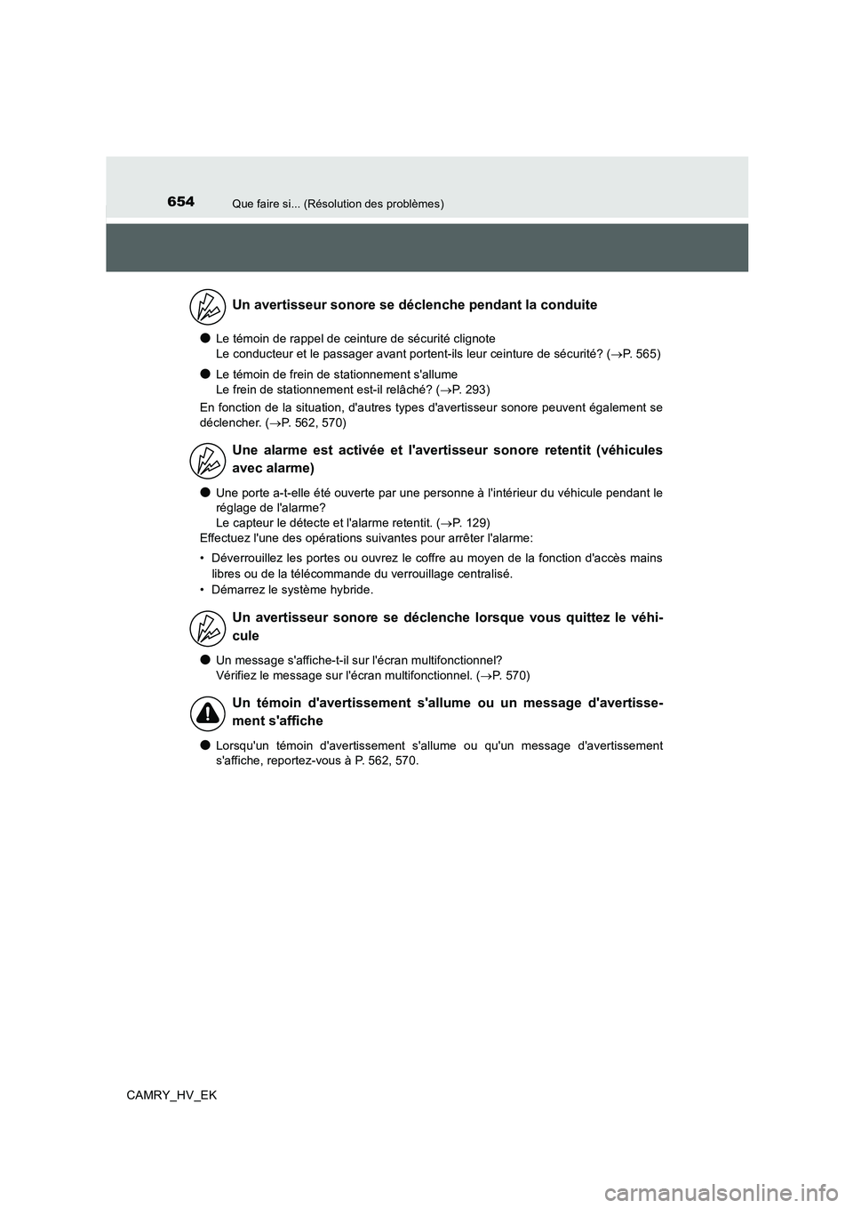 TOYOTA CAMRY 2020 Manuel du propriétaire (in French) 654Que faire si... (Résolution des problèmes)
CAMRY_HV_EK
●Le témoin de rappel de ceinture de sécurité clignote
Le conducteur et le passager avant portent-ils leur ceinture de sécurité? (→ TOYOTA CAMRY 2020 Manuel du propriétaire (in French) 654Que faire si... (Résolution des problèmes)
CAMRY_HV_EK
●Le témoin de rappel de ceinture de sécurité clignote
Le conducteur et le passager avant portent-ils leur ceinture de sécurité? (→