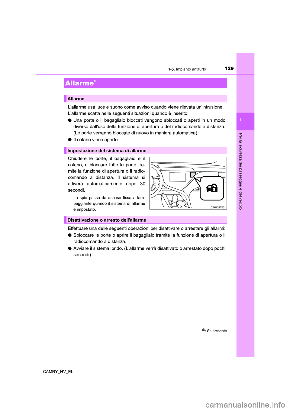 TOYOTA CAMRY 2020 Manuale duso (in Italian) 1291-5. Impianto antifurto
1
Per la sicurezza dei passeggeri e del veicolo
CAMRY_HV_EL
Lallarme usa luce e suono come avviso quando viene rilevata unintrusione.
Lallarme scatta nelle seguenti situa TOYOTA CAMRY 2020 Manuale duso (in Italian) 1291-5. Impianto antifurto
1
Per la sicurezza dei passeggeri e del veicolo
CAMRY_HV_EL
Lallarme usa luce e suono come avviso quando viene rilevata unintrusione.
Lallarme scatta nelle seguenti situa