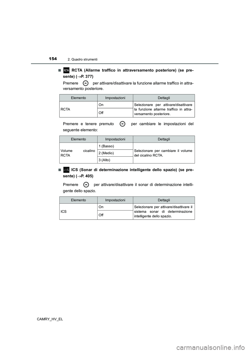 TOYOTA CAMRY 2020  Manuale duso (in Italian) 1542. Quadro strumenti
CAMRY_HV_EL■
 RCTA (Allarme traffico in attraversamento posteriore) (se pre-
sente) (→P. 377)
Premere   per attivare/disattivare la funzione allarme traffico in attra-
versa