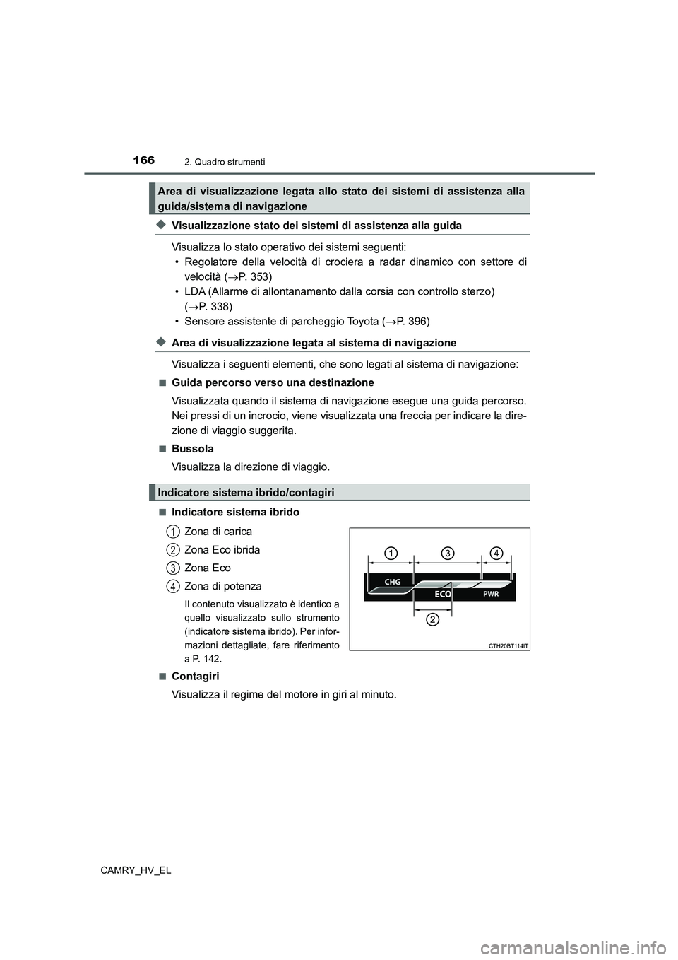 TOYOTA CAMRY 2020  Manuale duso (in Italian) 1662. Quadro strumenti
CAMRY_HV_EL
◆Visualizzazione stato dei sistemi di assistenza alla guida
Visualizza lo stato operativo dei sistemi seguenti:
• Regolatore della velocità di crociera a radar 