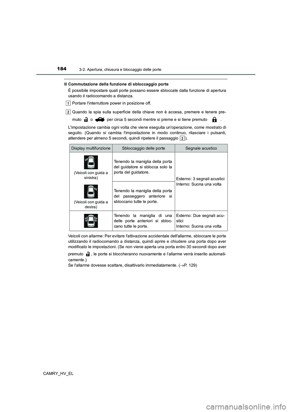 TOYOTA CAMRY 2020  Manuale duso (in Italian) 1843-2. Apertura, chiusura e bloccaggio delle porte
CAMRY_HV_EL
■Commutazione della funzione di sbloccaggio porte
È possibile impostare quali porte possano essere sbloccate dalla funzione di apertu
