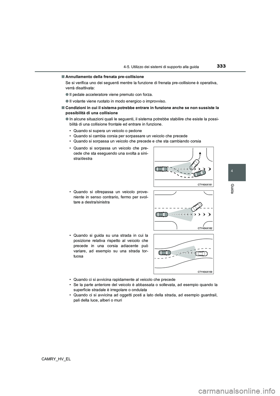 TOYOTA CAMRY 2020 Manuale duso (in Italian) 3334-5. Utilizzo dei sistemi di supporto alla guida
4
Guida
CAMRY_HV_EL■Annullamento della frenata pre-collisione
Se si verifica uno dei seguenti mentre la funzione di frenata pre-collisione è oper TOYOTA CAMRY 2020 Manuale duso (in Italian) 3334-5. Utilizzo dei sistemi di supporto alla guida
4
Guida
CAMRY_HV_EL■Annullamento della frenata pre-collisione
Se si verifica uno dei seguenti mentre la funzione di frenata pre-collisione è oper
