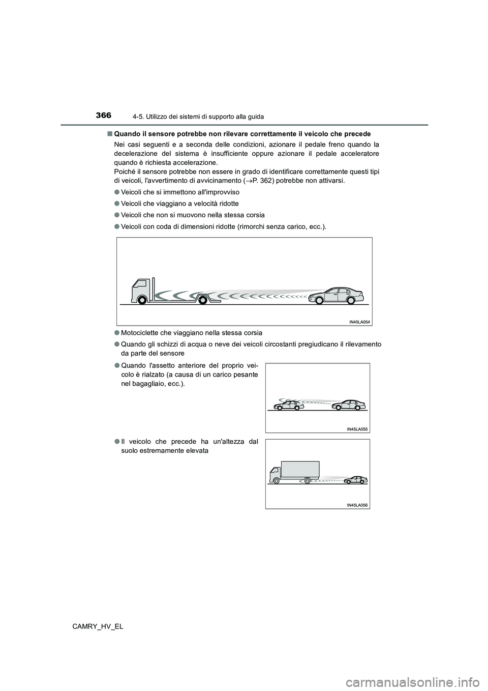 TOYOTA CAMRY 2020  Manuale duso (in Italian) 3664-5. Utilizzo dei sistemi di supporto alla guida
CAMRY_HV_EL■Quando il sensore potrebbe non rilevare correttamente il veicolo che precede
Nei casi seguenti e a seconda delle condizioni, azionare 
