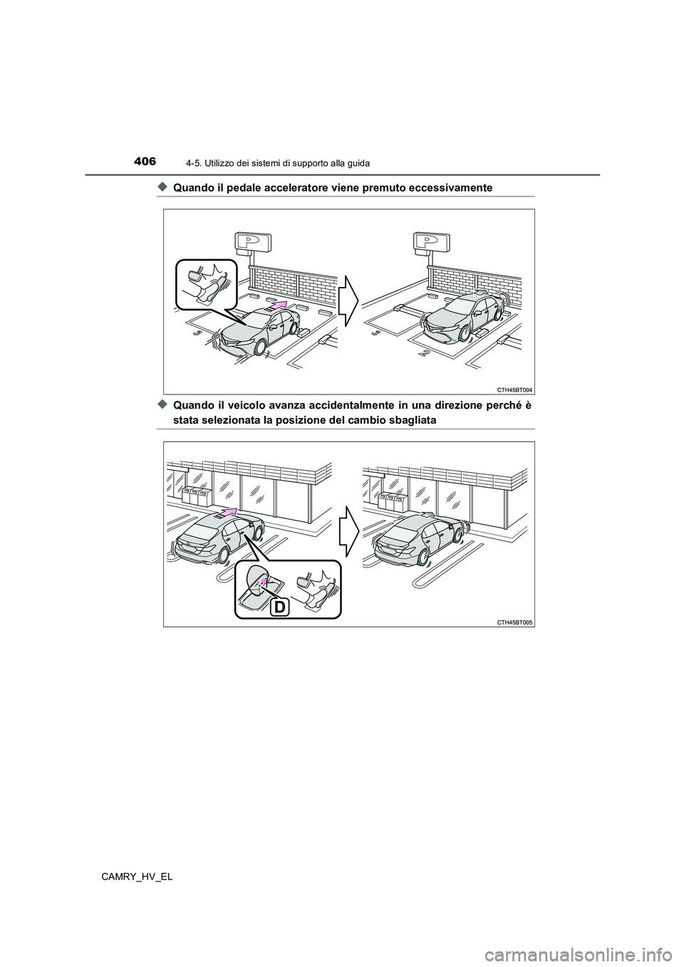 TOYOTA CAMRY 2020  Manuale duso (in Italian) 4064-5. Utilizzo dei sistemi di supporto alla guida
CAMRY_HV_EL
◆Quando il pedale acceleratore viene premuto eccessivamente
◆Quando il veicolo avanza accidentalmente in una direzione perché è
st